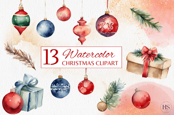 13 Watercolor Christmas Clipart Set: Illustrations for Branding