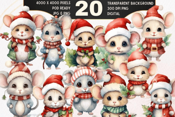 20 Christmas Mice Delight Clipart Bundle Illustrations