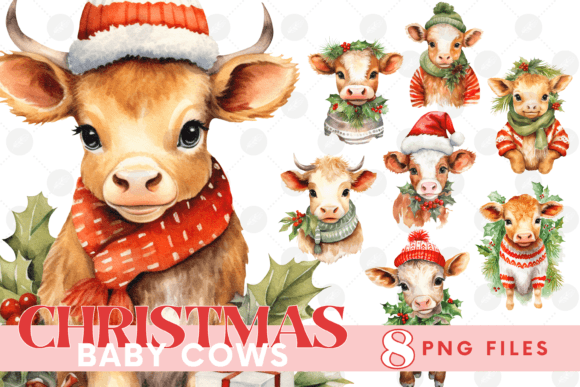 Christmas Baby Cow Clipart Bundle PNG: Festive Illustrations