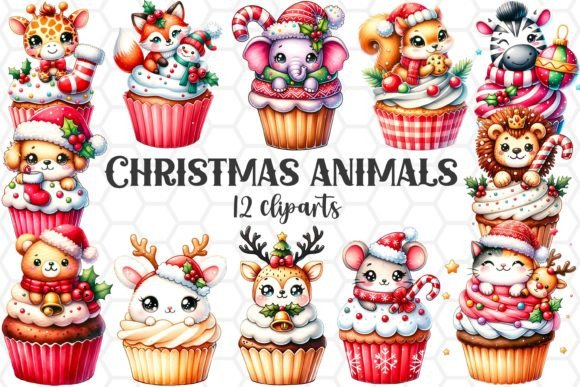 Christmas Cupcake Animals Clipart Bundle: Festive Illustrations