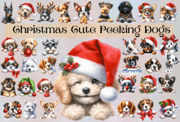 Christmas Cute Peeking Dogs Bundle Illustrations