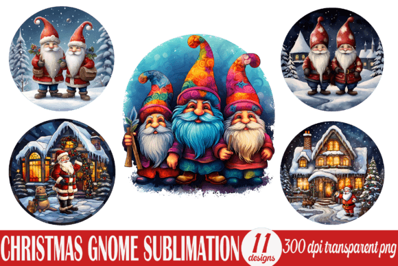 Christmas Gnome Round Png Sublimation & Illustrations