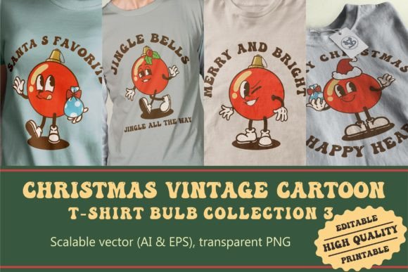 Christmas Lightbulbs Vintage Cartoon Illustrations