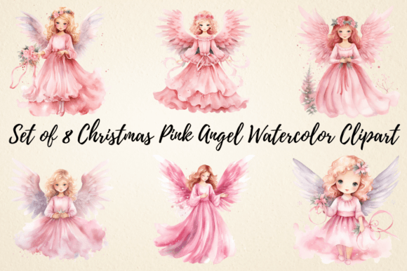 Christmas Pink Angel Watercolor Clipart Illustrations