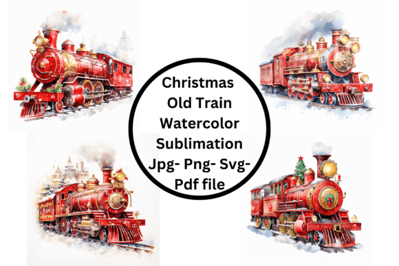 Christmas Train Watercolor Sublimation Illustrations