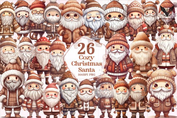 Cozy Christmas Santa Watercolor Clipart: Illustrations