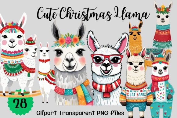 Cute Christmas Llama Watercolor Clipart for Illustrations