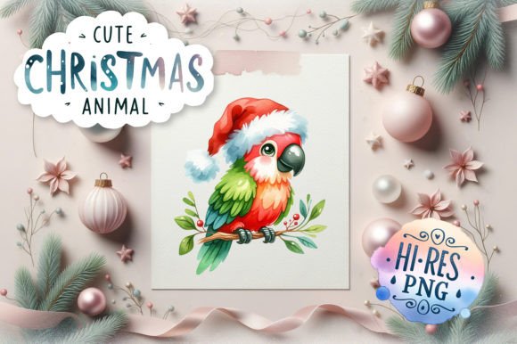 Cute Christmas Parrot Watercolor Illustrations