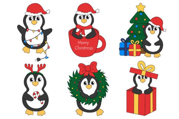 Set Cartoon Christmas Penguins Illustrations Review
