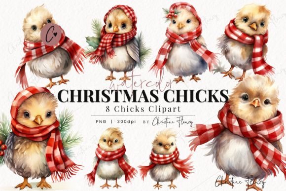 Watercolor Christmas Chick Clipart: Illustrations