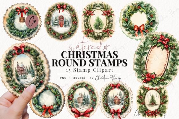 Watercolor Christmas Round Stamps Clipar: Festive Illustrations