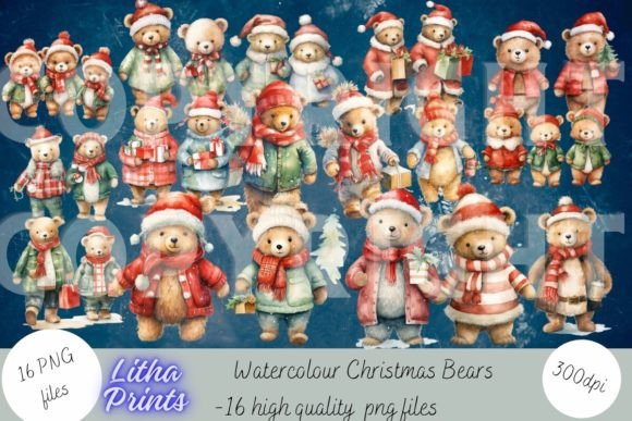 Watercolour Christmas Bears Illustrations