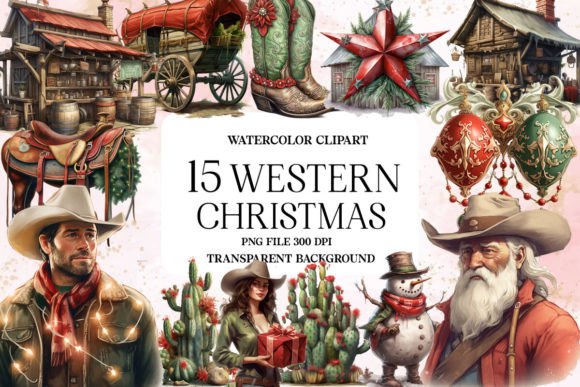 Western Christmas Watercolor Clipart & Illustrations